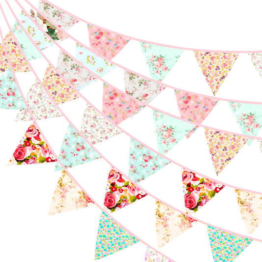 G2PLUS 12M Floral Fabric Bunting Banner, 19x21CM Large Reusable Cotton Triangle Flag Garland with 42PCS Decoration Floral Pennants for Garden Tea Wedding Baby Shower Birthday Parties-Pink and Green