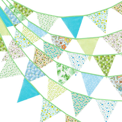 G2PLUS 39Ft Triangle Bunting Banner, Green Blue Cotton Pennant Banner, 42pcs Reusable Fabric Triangle Flags Party Decoration for Wedding, Birthday, Garden Party, Spring Picnic, Baby Shower Decorations