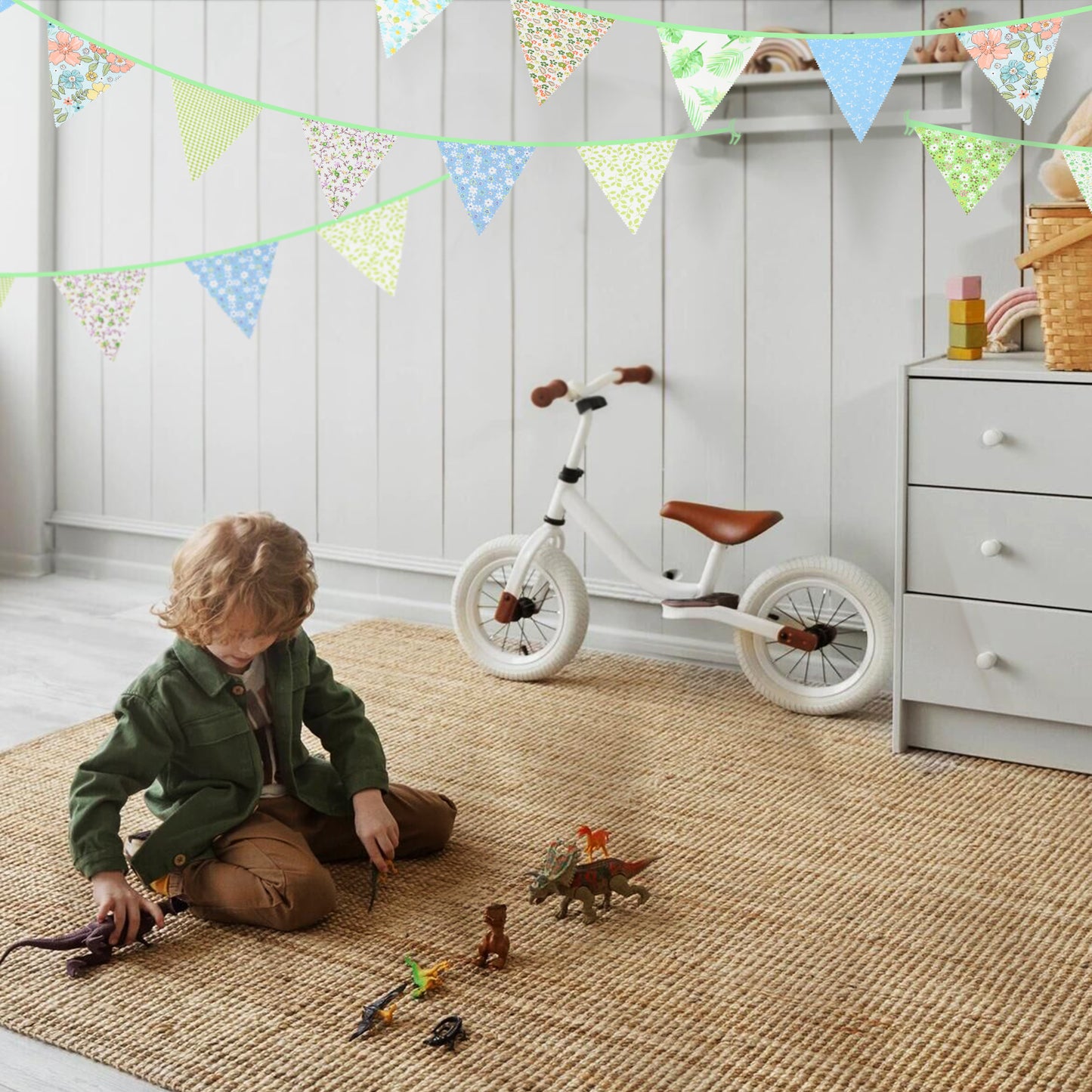 G2PLUS 39Ft Triangle Bunting Banner, Green Blue Cotton Pennant Banner, 42pcs Reusable Fabric Triangle Flags Party Decoration for Wedding, Birthday, Garden Party, Spring Picnic, Baby Shower Decorations