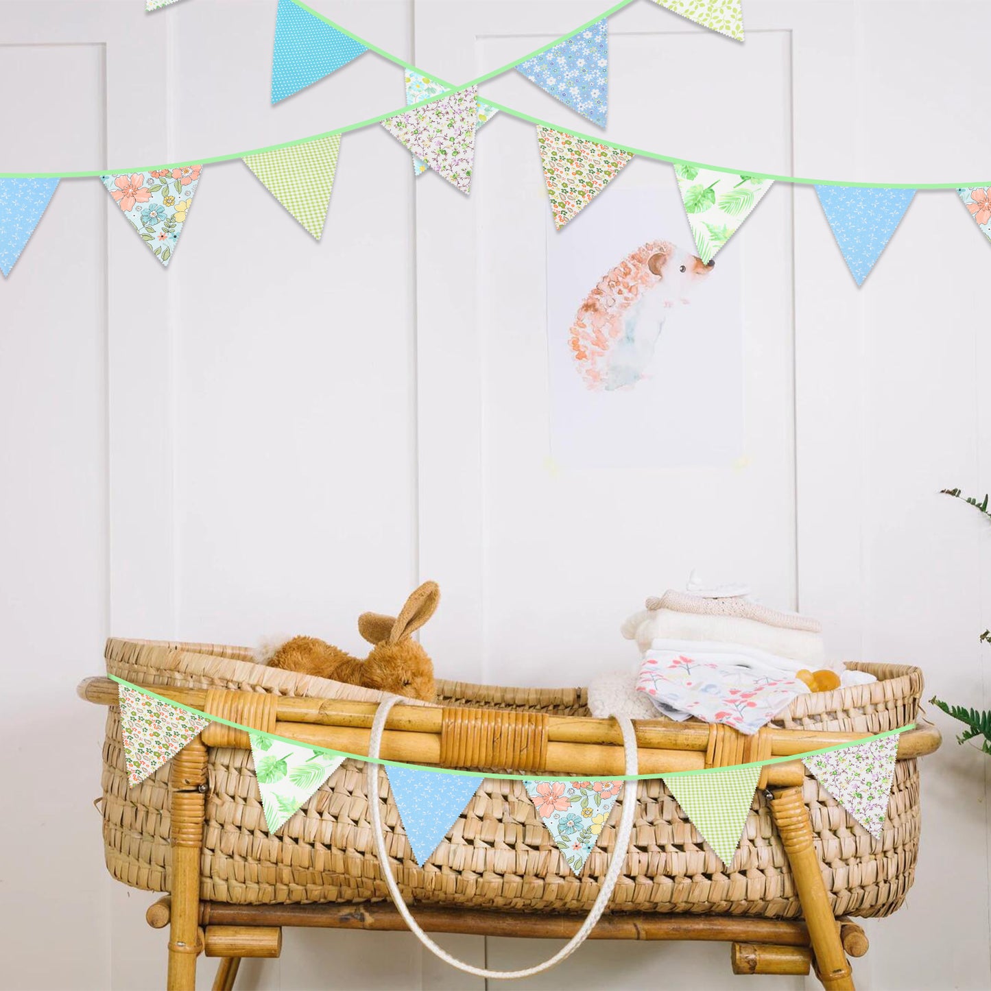 G2PLUS 39Ft Triangle Bunting Banner, Green Blue Cotton Pennant Banner, 42pcs Reusable Fabric Triangle Flags Party Decoration for Wedding, Birthday, Garden Party, Spring Picnic, Baby Shower Decorations