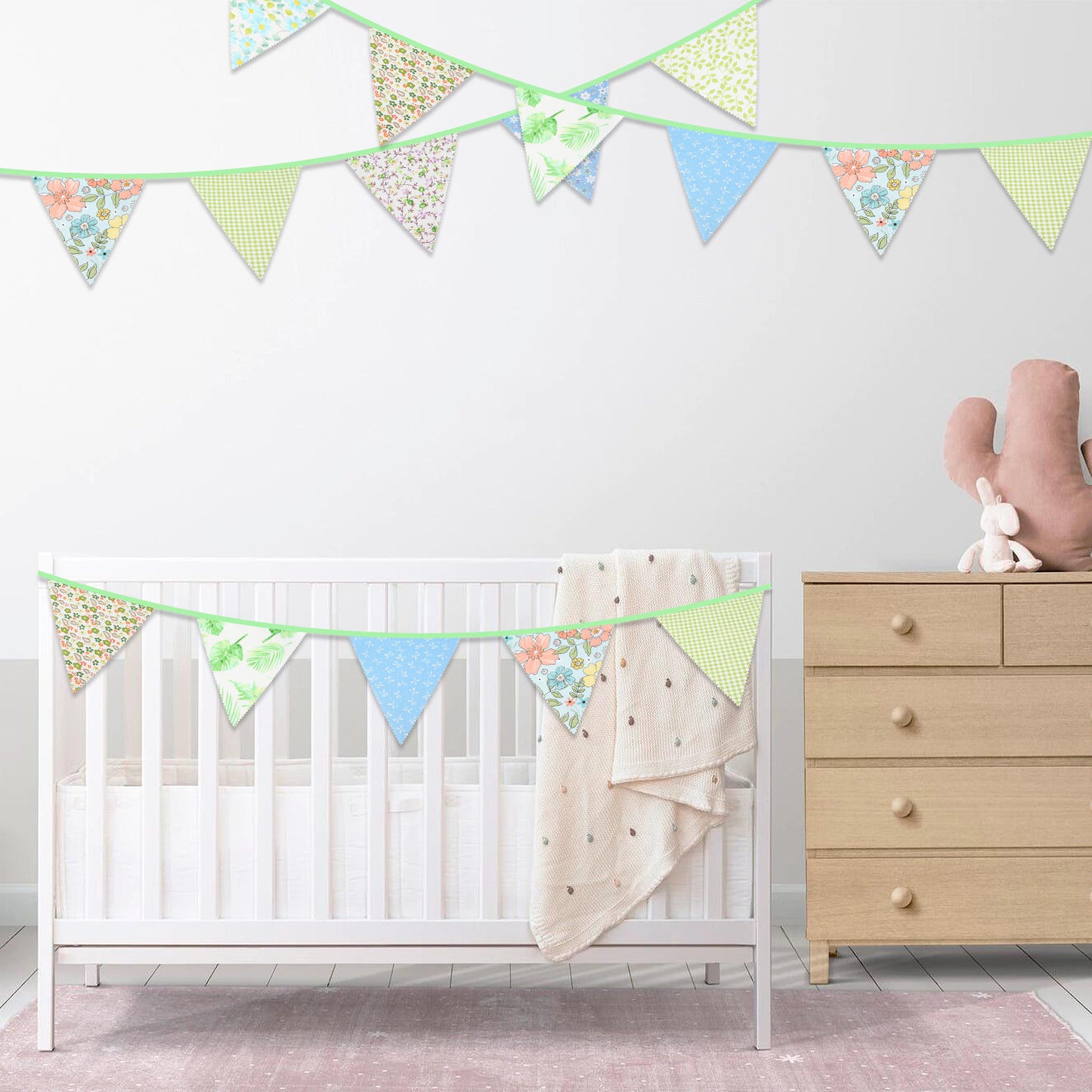 G2PLUS 39Ft Triangle Bunting Banner, Green Blue Cotton Pennant Banner, 42pcs Reusable Fabric Triangle Flags Party Decoration for Wedding, Birthday, Garden Party, Spring Picnic, Baby Shower Decorations