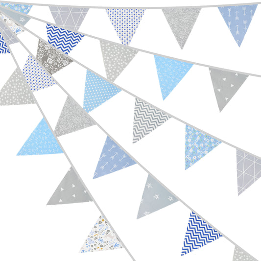 G2PLUS 12M Floral Fabric Bunting Banner,19x21CM Large Reusable Cotton Triangle Flag Garland with 42PCS Decoration Floral Pennants for Garden Tea Wedding Baby Shower Birthday Parties-Gray