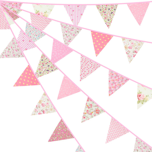 G2PLUS Pink Triangle Bunting Banner, 39Ft Cotton Pennant Banner, 42pcs Reusable Fabric Triangle Flags Party Decoration for Birthday, Wedding, Baby Shower, Room Decor