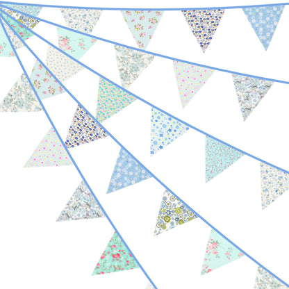 G2PLUS Blue Triangle Bunting Banner, 39Ft Cotton Pennant Banner, 42pcs Reusable Floral Triangle Flags Party Decoration for Birthday, Wedding, Baby Shower, Room Decor