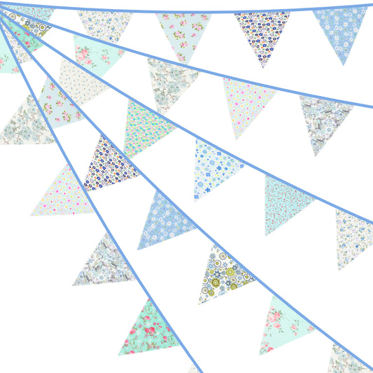 G2PLUS Blue Triangle Bunting Banner, 39Ft Cotton Pennant Banner, 42pcs Reusable Floral Triangle Flags Party Decoration for Birthday, Wedding, Baby Shower, Room Decor