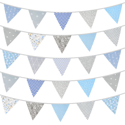 G2PLUS 39Ft Triangle Bunting Banner, 42pcs Cotton Pennant Banner, Grey Blue Reusable Floral Triangle Flags Party Decoration for Birthday, Wedding, Baby Shower, Room Decor