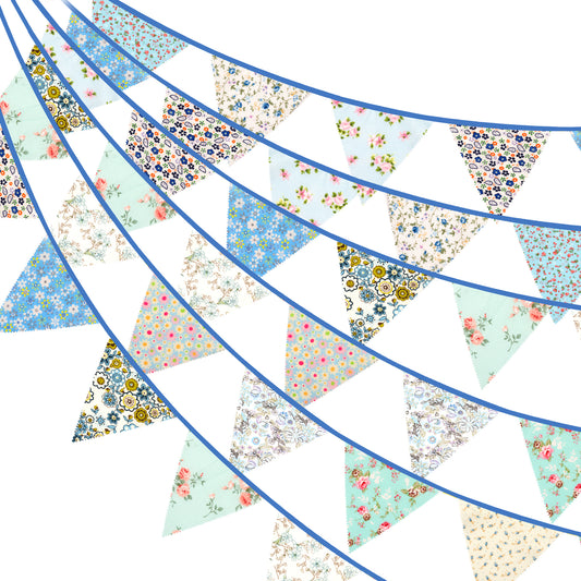 G2PLUS 12M Floral Fabric Bunting Banner, 19x21CM Large Reusable Cotton Triangle Flag Garland with 42PCS Decoration Floral Pennants for Garden Tea Wedding Baby Shower Birthday Parties-Blue