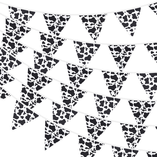 G2PLUS Black and White Cow Fabric Banner, 12M Cow Fabric Bunting, Large Cotton Triangle Garland with 42PCS Cow Pennants for Birthday,Kid's Bedroom, Playhouse, Garden,Decoration