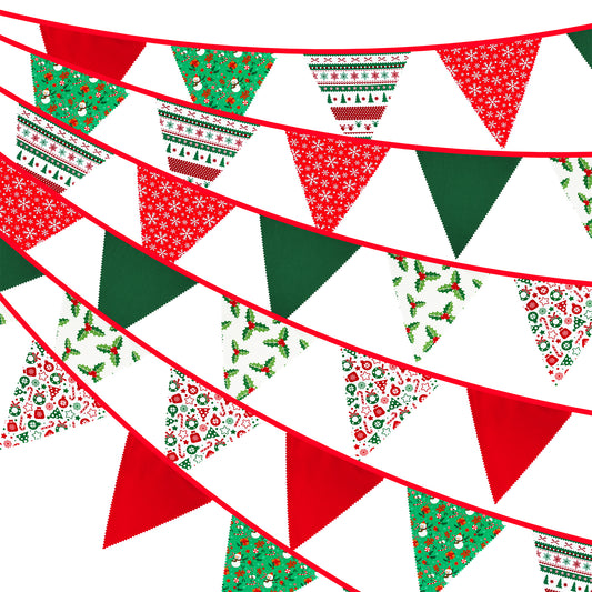G2PLUS 12M Red and GreenCotton Banner - 42PCS Christmas Fabric Bunting Banner - 19x21CM Reusable Cotton Xmas Garlands for Christmas Parties Decoration