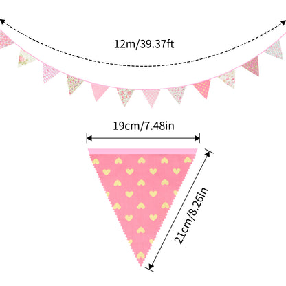 G2PLUS Pink Triangle Bunting Banner, 39Ft Cotton Pennant Banner, 42pcs Reusable Fabric Triangle Flags Party Decoration for Birthday, Wedding, Baby Shower, Room Decor