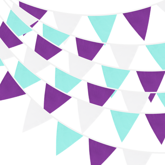 G2PLUS 12M Large Fabric Bunting Banner, 19x21CM Reusable Cotton Triangle Flag Garland with 42PCS Purple Blue and White Pennants for Garden Tea Wedding Baby Shower Birthday Parties