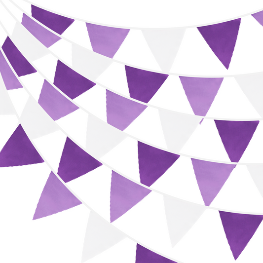 G2PLUS 12M Large Fabric Bunting Banner, 19x21CM Reusable Cotton Triangle Flag Garland with 42PCS Purple and White Pennants for Garden Tea Wedding Baby Shower Birthday Parties
