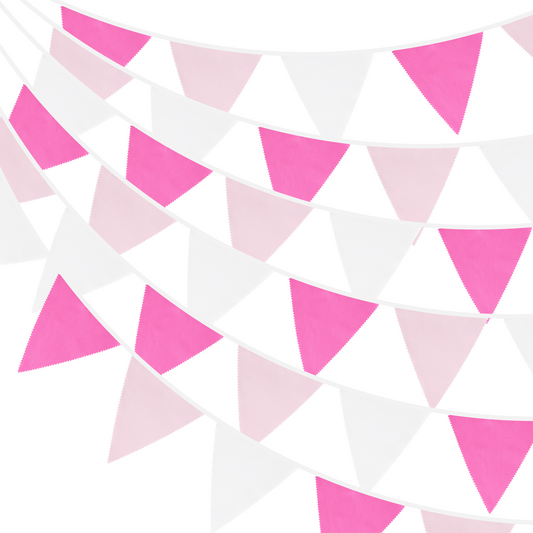 G2PLUS 12M Large Fabric Bunting Banner, 19x21CM Reusable Cotton Triangle Flag Garland with 42PCS Rose Pink and White Pennants for Garden Tea Wedding Baby Shower Birthday Parties