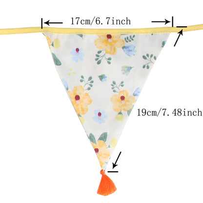 G2PLUS 10.8Ft Cotton Triangle Bunting Banner – 12pcs Yellow Floral Fabric Pennant Flag with Tassels, Double Side Triangle Banner Garland for Weddings, Birthdays, Garden & Baby Showers