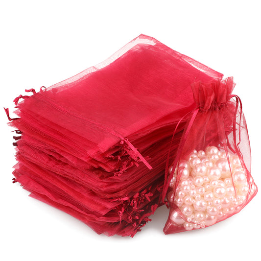 G2PLUS Wine Red Organza Gift Pouches, 13x18 CM Large Organza Favour Bags, 100 PCS Wedding Jewelry Bags, Clear Mesh Pouches Perfect for Wedding, Christmas, Birthday, Anniversary