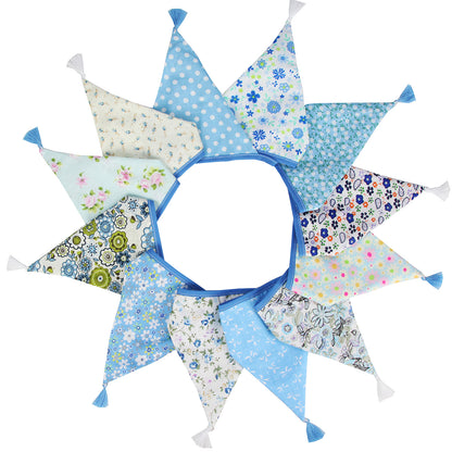 G2PLUS 10.8Ft Cotton Triangle Bunting Banner – 12pcs Blue Floral Fabric Pennant Flag with Tassels, Double Side Triangle Banner Garland for Weddings, Birthdays, Garden & Baby Showers