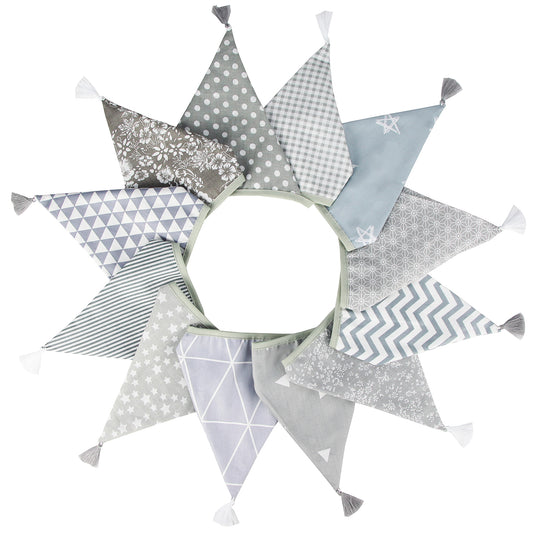 G2PLUS Fabric Bunting Banner with Tassel, 3.3M Double Sided Cotton Tassel Banner with 12 Grey Triangle Pennants, Vintage Cloth Garlands for Nursery Bedroom Playhouse Decoration
