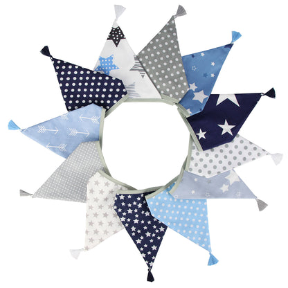 G2PLUS 10.8Ft Cotton Triangle Bunting Banner – 12pcs Blue and Gray Fabric Pennant Flag with Tassels, Double Side Triangle Banner Garland for Weddings, Birthdays, Garden & Baby Showers