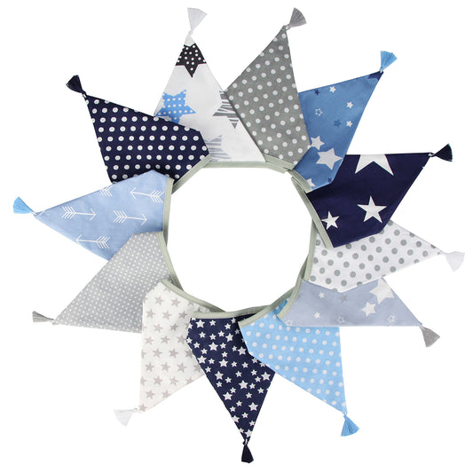 G2PLUS 10.8Ft Cotton Triangle Bunting Banner – 12pcs Blue and Gray Fabric Pennant Flag with Tassels, Double Side Triangle Banner Garland for Weddings, Birthdays, Garden & Baby Showers