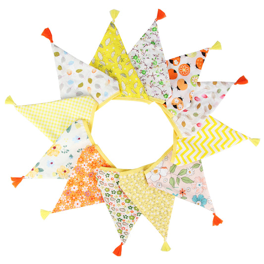 G2PLUS 10.8Ft Cotton Triangle Bunting Banner – 12pcs Yellow Floral Fabric Pennant Flag with Tassels, Double Side Triangle Banner Garland for Weddings, Birthdays, Garden & Baby Showers