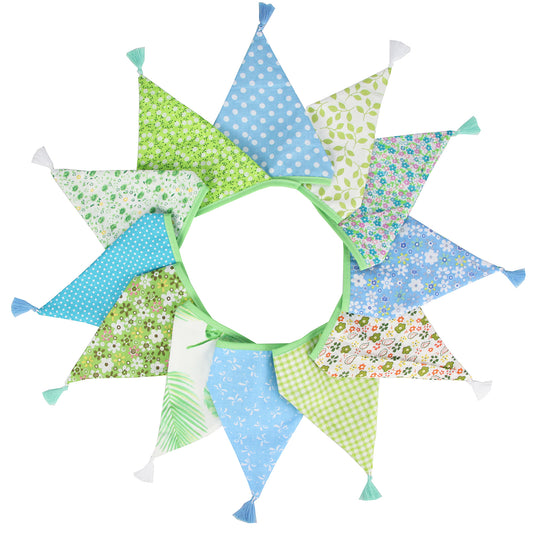 G2PLUS 10.8Ft Cotton Triangle Bunting Banner – 12pcs Blue and Green Floral Fabric Pennant Flag with Tassels, Double Side Triangle Banner Garland for Weddings, Birthdays, Garden & Baby Showers