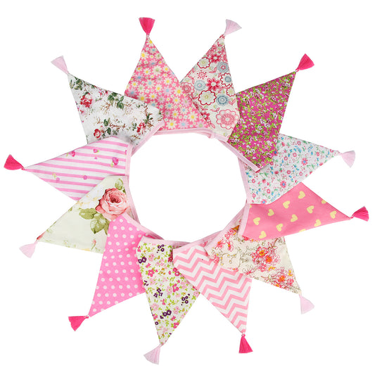 G2PLUS 10.8Ft Cotton Triangle Bunting Banner – 12pcs Pink Floral Fabric Pennant Flag with Tassels, Double Side Triangle Banner Garland for Weddings, Birthdays, Garden & Baby Showers