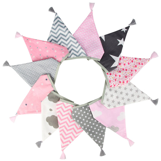 G2PLUS 10.8Ft Cotton Triangle Bunting Banner – 12pcs Pink and Grey Fabric Pennant Flag with Tassels, Double Side Triangle Banner Garland for Weddings, Birthdays, Garden & Baby Showers