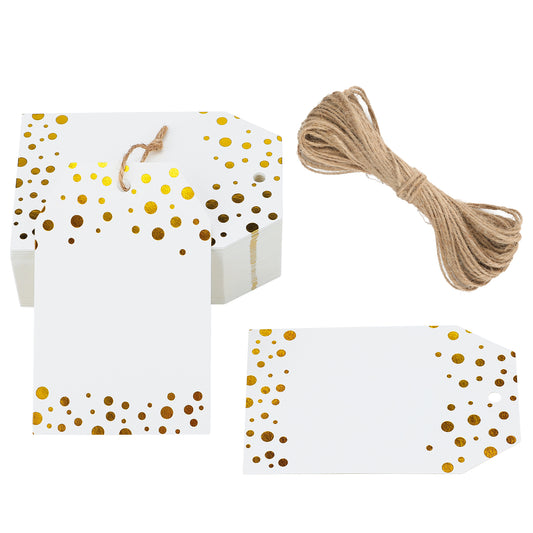 G2PLUS Polka Dots Gift Tags - 50PCS White Gold Paper Tags with String - 8.5x5.5CM Personliazed Blank Labels for Wedding,Party,Gift Wrapping,Birthday,Baby Shower