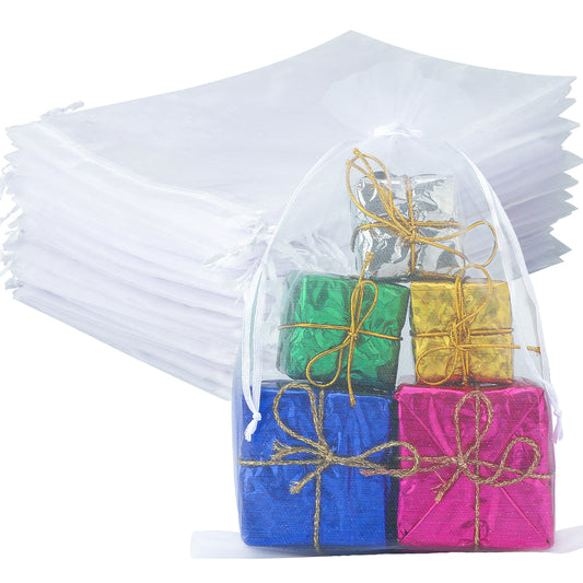 G2PLUS White Organza Gift Pouches,17x23CM Large Organza Favour Bags, 50 PCS Wedding Jewelry Bags, Clear Mesh Pouches for Wedding, Christmas, Birthday, Anniversary