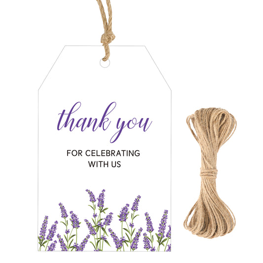G2PLUS 50Pcs Lavender Thank You Tags - Floral Gift Tags with String, Thank You for Celebrating with Us Tag, White Paper Party Favors Hangtag for Wedding, Baby Shower, Bridal Shower, Birthday