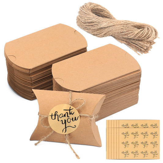G2PLUS 100PCS Wedding Favour Candy Boxes - Small Pillow Boxes with String - Kraft Pillow Candy Boxes with Stickers for Wedding Party Birthday Decoration