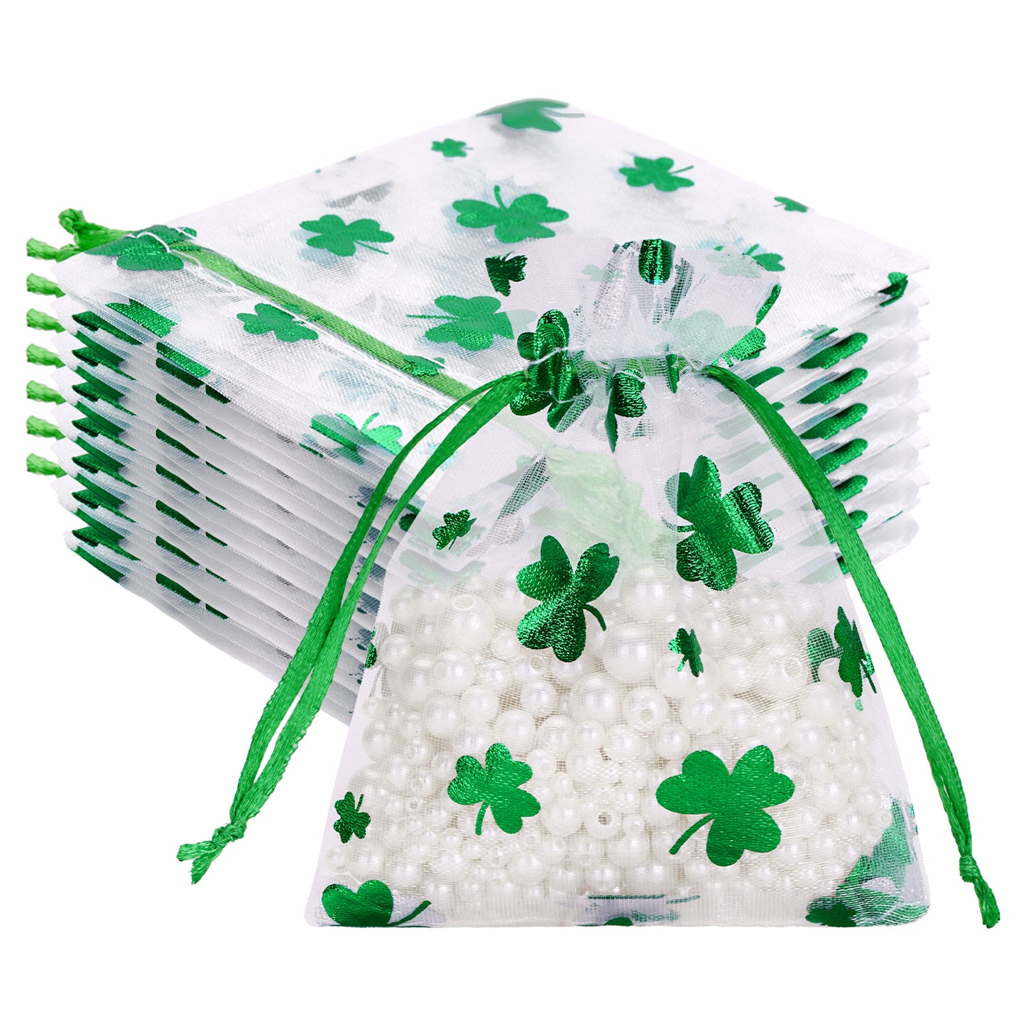 G2PLUS 50PCS St.Patrick's Day Gift Bags Organza 3x4in, Green Foil Shamrock Sheer Mesh Organza Pouches with Drawstring for St.Patrick's Day Party Favors, Candy Gift Bags & Wedding Favors