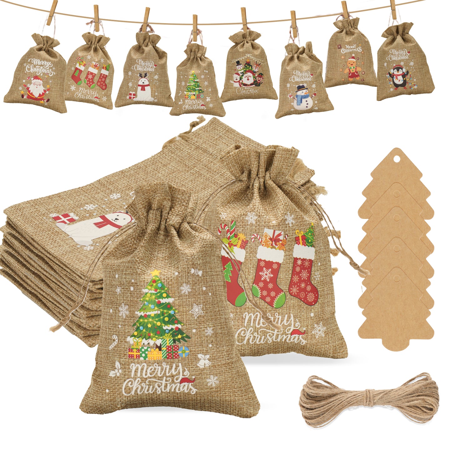 G2PLUS 24 PCS Advent Calandar Bags, 13x18cm Large Christmas Burlap Bags, Hessian Christmas Sacks, Christmas Burlap Drawstring Bags for Advent Calandar, Christmas Party Decoration