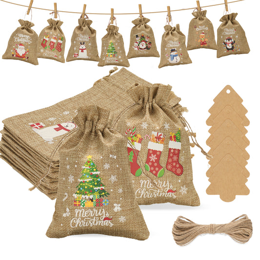 G2PLUS 24 PCS Advent Calandar Bags, 13x18cm Large Christmas Burlap Bags, Hessian Christmas Sacks, Christmas Burlap Drawstring Bags for Advent Calandar, Christmas Party Decoration