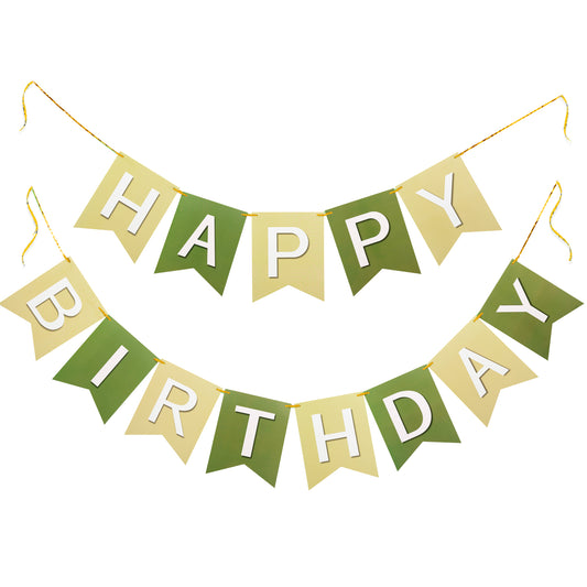 G2PLUS Pre-strung Happy Birthday Banner, Large Happy Birthday Paper Bunting, Green Brown Theme Birthday Party Supplies, No-DIY Birthday Banner for Birthday Party Decorations