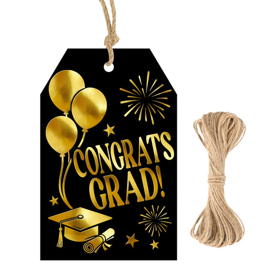 G2PLUS Graduation Gift Tags - 50Pcs Black Gold Foil Congrats Grad Tags with String for Class of 2026 Graduation Party Favors