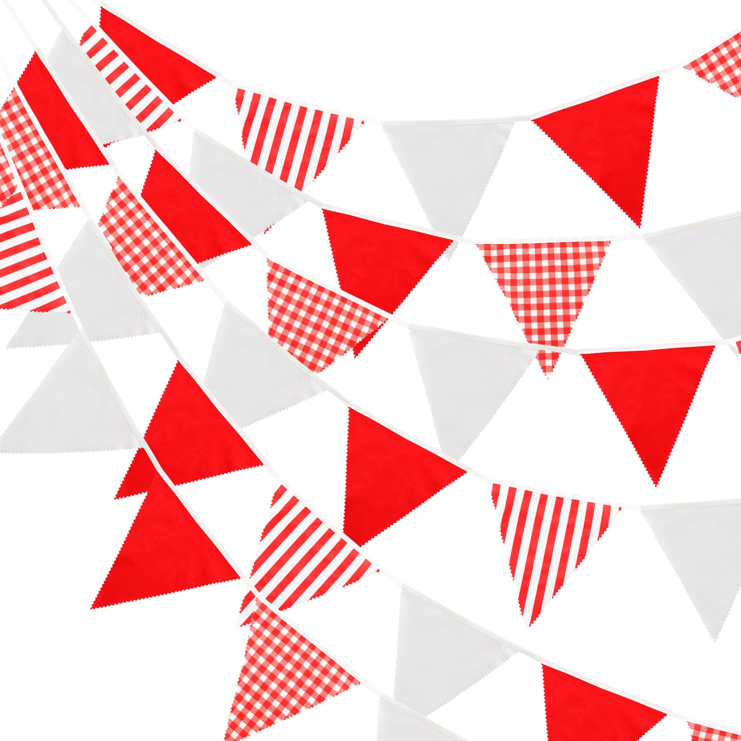 G2PLUS 12M Red and White Stripe Fabric Bunting - 42PCS Cloth Gingham Bunting - Cotton Stripe Banner Pennant - Large Triangle Garland Banner for Kid's Bedroom Playhouse, Christmas Garden Party Decor