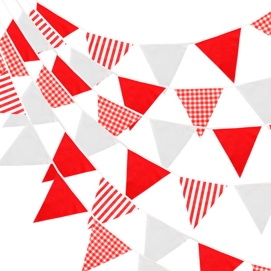 G2PLUS 12M Red and White Stripe Fabric Bunting - 42PCS Cloth Gingham Bunting - Cotton Stripe Banner Pennant - Large Triangle Garland Banner for Kid's Bedroom Playhouse, Christmas Garden Party Decor