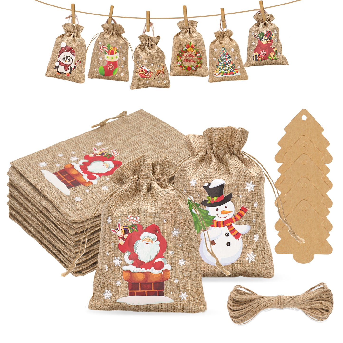 G2PLUS 24 PCS Advent Calandar Bags, 10x15cm Medium Christmas Burlap Bags, Hessian Christmas Sacks, Christmas Burlap Drawstring Bags for Advent Calandar, Christmas Party Decoration
