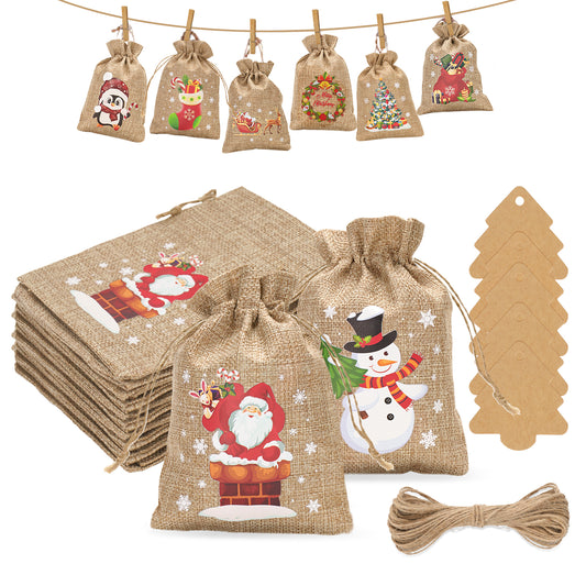 G2PLUS 24 PCS Advent Calandar Bags, 10x15cm Medium Christmas Burlap Bags, Hessian Christmas Sacks, Christmas Burlap Drawstring Bags for Advent Calandar, Christmas Party Decoration