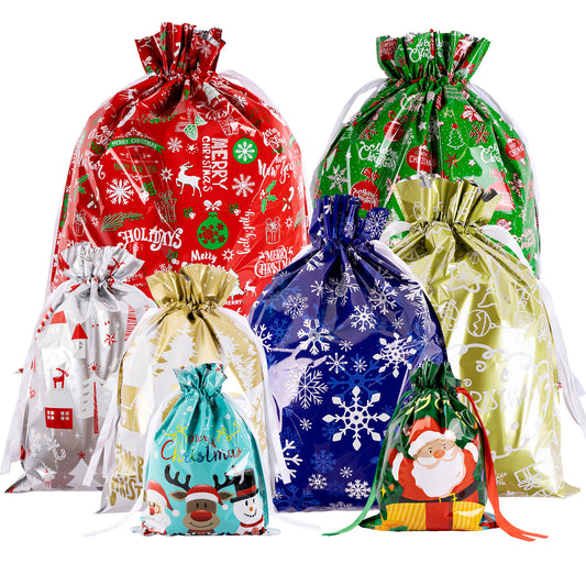 G2PLUS 20PCS Christmas Drawstring Gift Bags Assorted Sizes, Goodie Bags with Ribbon, 8 Designs Aluminum Foil Christmas Bags, Present Wrapping Bags for Packages, Holidays, and Birthday Party
