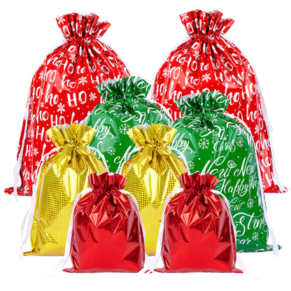 G2PLUS 20PCS Christmas Drawstring Gift Bags Assorted Sizes - 4 Designs Aluminum Foil Christmas Bags with Ribbon, Present Wrapping Pouches for Packages, Holidays, Birthday Party