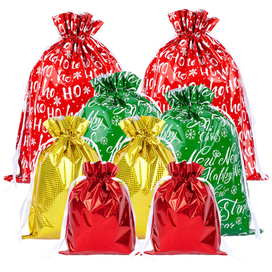 G2PLUS 20PCS Christmas Drawstring Gift Bags Assorted Sizes - 4 Designs Aluminum Foil Christmas Bags with Ribbon, Present Wrapping Pouches for Packages, Holidays, Birthday Party