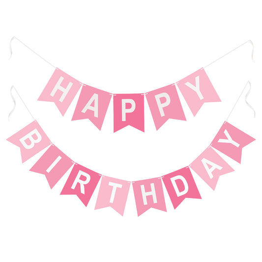 G2PLUS Pre-Strung Happy Birthday Banner Pink, Large Happy Birthday Paper Bunting, No-DIY Birthday Banner for Girls Kids Birthday Party Decorations