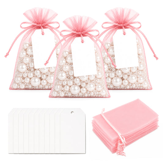 G2PLUS 25 Pack Organza Gift Bags with Tags: 10 x 15 cm Baby Pink Drawstring Favour Pouches with 4 x 7 cm White Tags for Wedding Party Favours Jewellery Candy