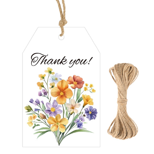 G2PLUS 50Pcs Thank You Tags - 3.3x2.2 In Floral Gift Tags with String, Thank You for Celebrating with Us Tag, White Paper Party Favors Hangtag for Wedding, Baby Shower, Bridal Shower, Birthday