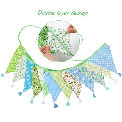 G2PLUS 10.8Ft Cotton Triangle Bunting Banner – 12pcs Blue and Green Floral Fabric Pennant Flag with Tassels, Double Side Triangle Banner Garland for Weddings, Birthdays, Garden & Baby Showers
