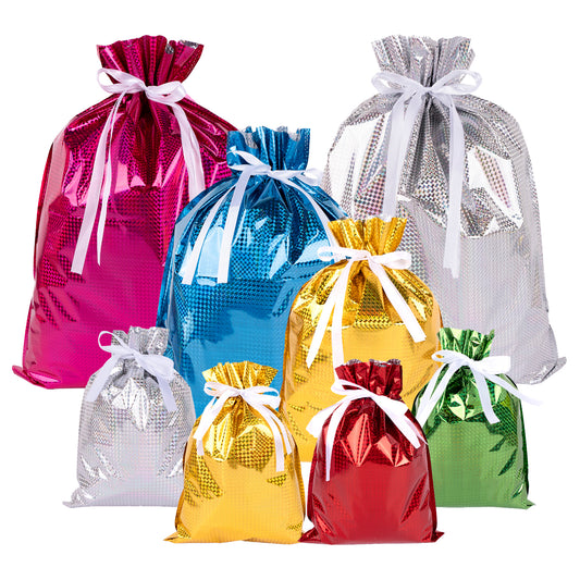 G2PLUS 20PCS Christmas Drawstring Gift Bags Assorted Sizes, Goodie Bags with Ribbon, Solid Color Aluminum Foil Christmas Bags, Present Wrapping Bags for Packages, Holidays, and Birthday Party