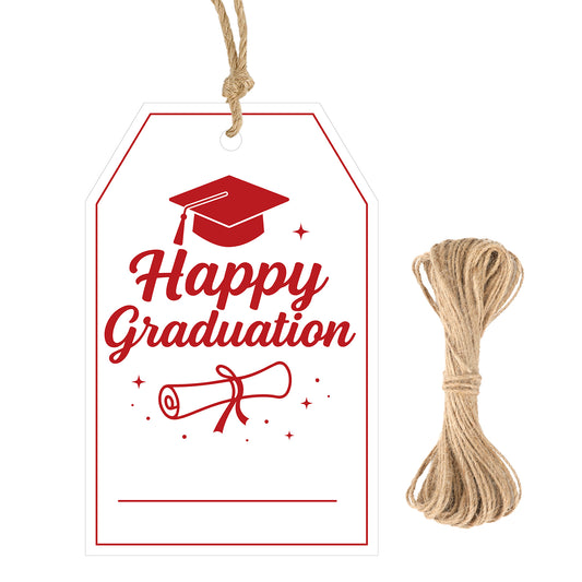 G2PLUS Happy Graduation Tags - Red Graduation Gift Tags with String, Class of 2026 Paper Hang Labels for Congrats Grad Party Favors