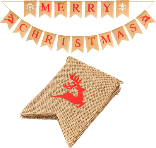 G2PLUS Merry Christmas Burlap Bunting Banner, 4.8M Burlap Christmas Banner with Elks, Vintage Merry Chirstmas Garland with 16 Flag Pennants, Rustic Hessian Bunting for Christmas Decoration